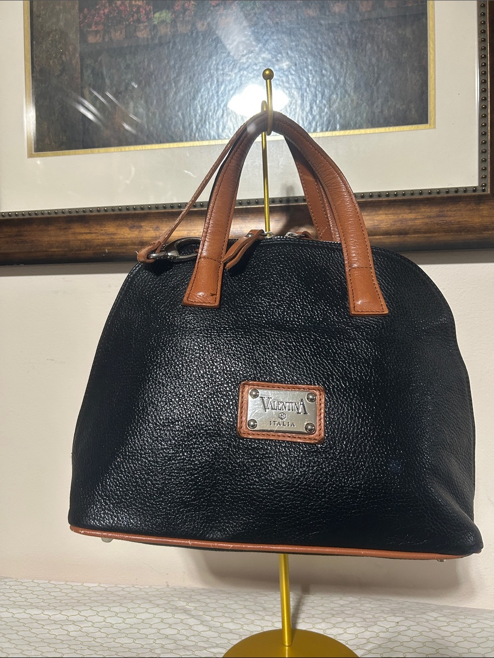 Valentina Black and Brown Pebbled Leather Satchel